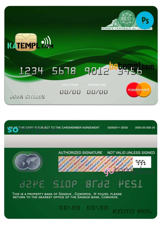 Comoros Sanduk bank mastercard credit card template in PSD format, fully editable